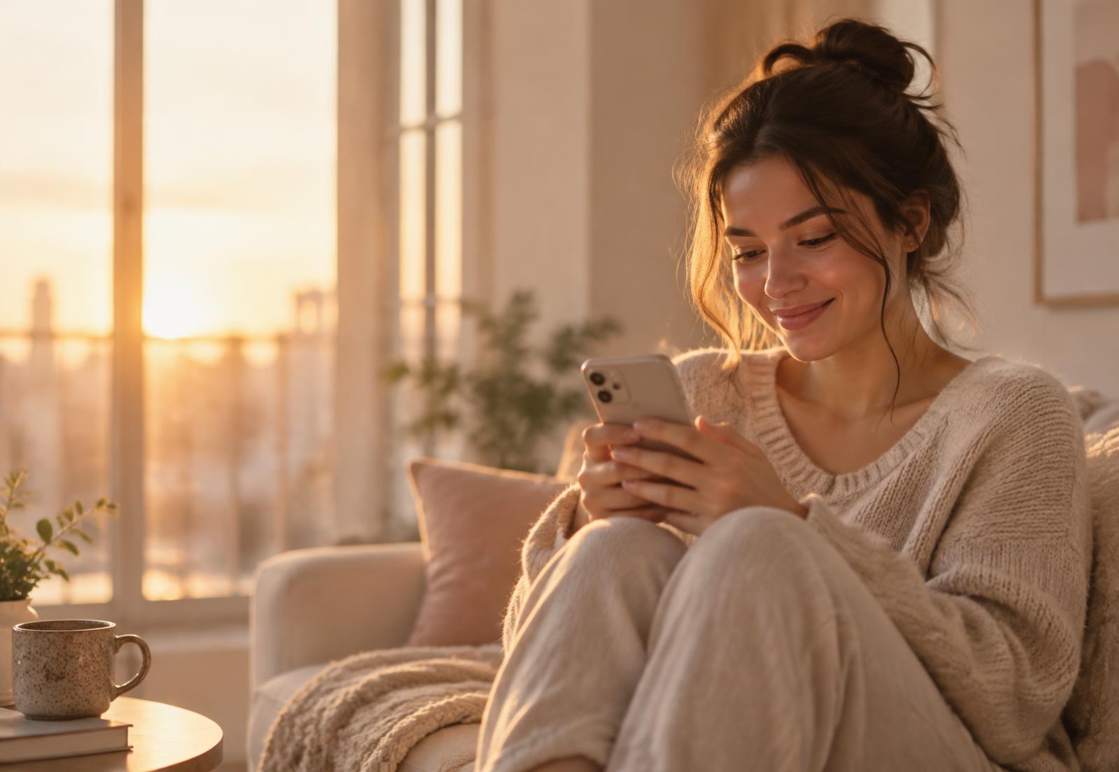 Žena s úsměvem píše zprávu na telefonu